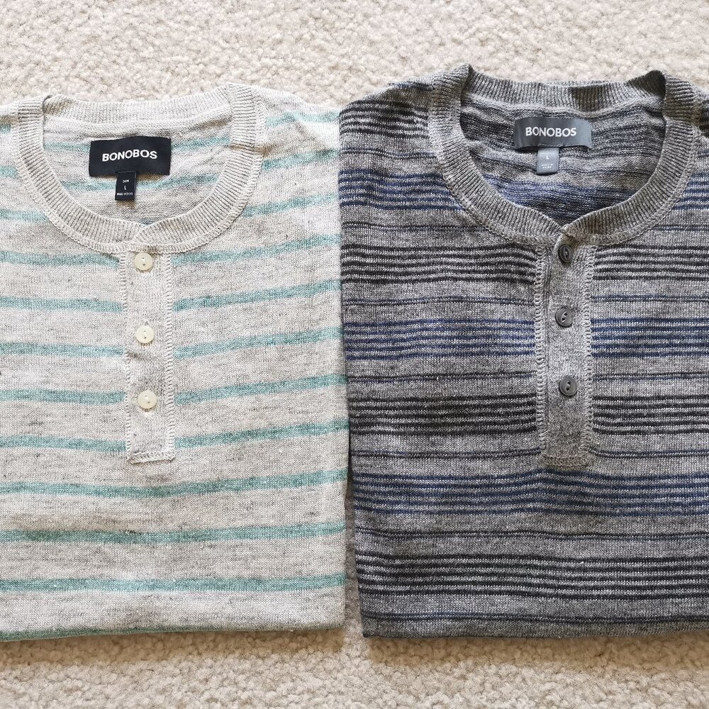 Two (2) Bonobos Linen Henleys Heather Grey Stripe & Grey Stripe - Size L - NWT